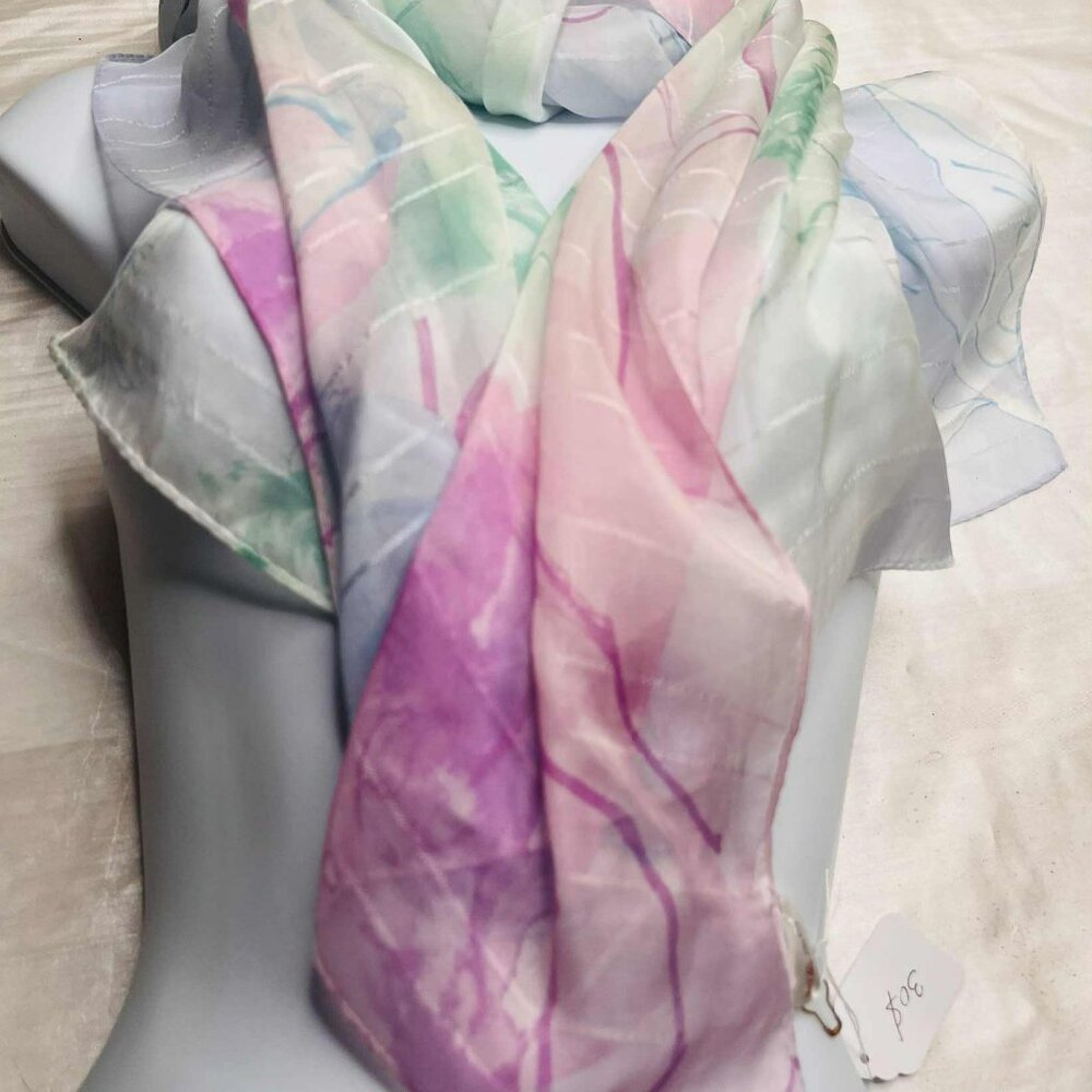 Vintage Pastel Watercolor Silk Scarf — Asian Romantic Elegance (53 × 170 cm)